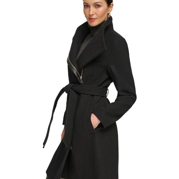 Nwt DKNY Asymmetrical Belted Funnel-Neck Wool Blend Black Coat Women Size Small - Picture 4 of 11